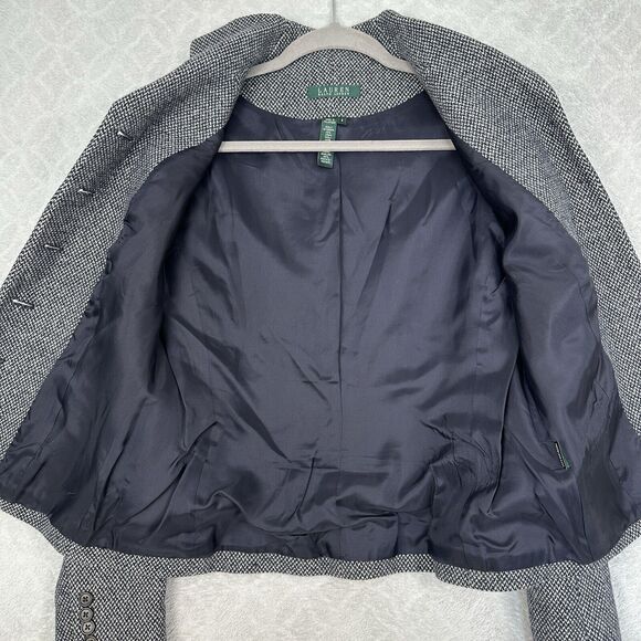 LRL Ralph Lauren Tweed Blazer Jacket Womens 6 Navy White Houndstooth Virgin Wool - Picture 7 of 15